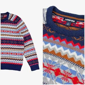 Lands’ End Fair Isle Sweater Mens L Navy Blue Red Crewneck Cabin Nordic Grandpa